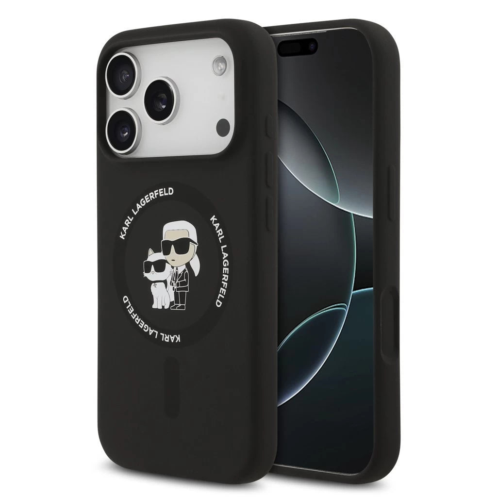 Karl Lagerfeld Liquid Silicone Karl and Choupette MagSafe hátsó tok iPhone 17 Pro készülékhez fekete