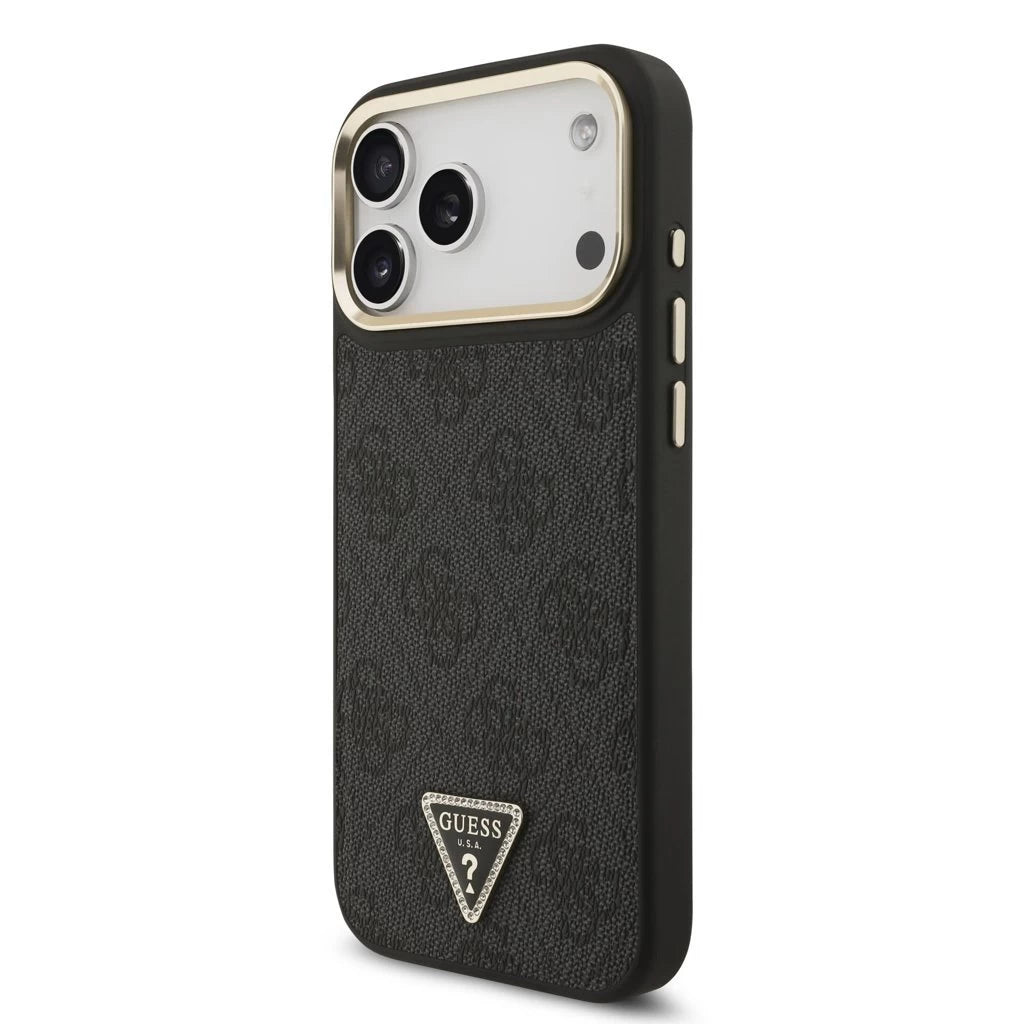 Guess PU Leather 4G Triangle Logo Gold Frame MagSafe tok iPhone 17 Pro Max készülékhez fekete