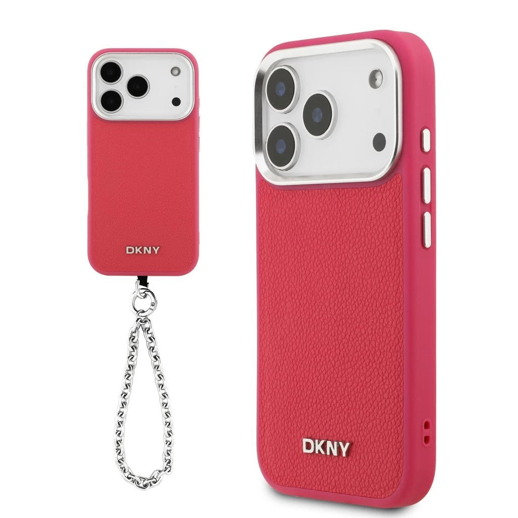 DKNY PU Leather Metal Logo csuklóláncos tok iPhone 17 Pro készülékhez rózsaszín - iPhone 17 Pro tok a Domshop kínálatából
