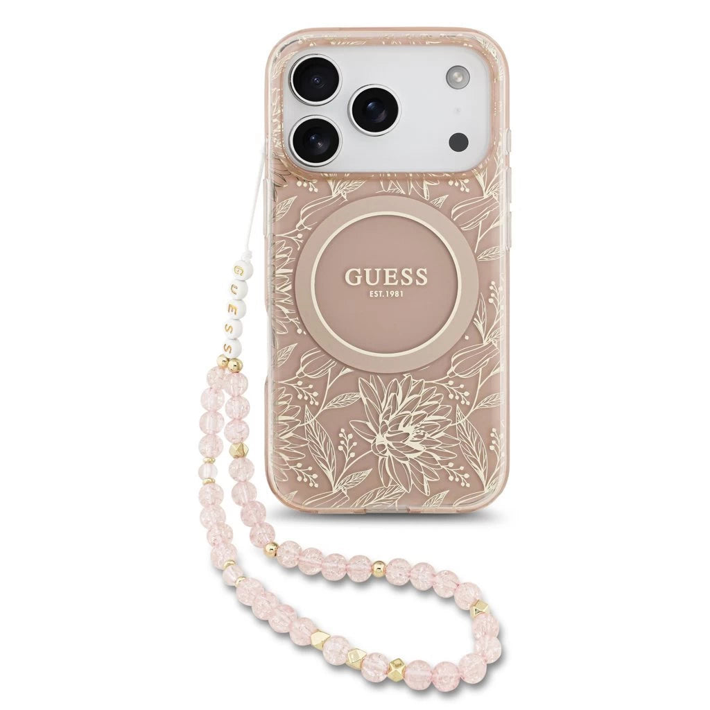 Guess IML Flowers Allover Strap MagSafe tok iPhone 17 Pro készülékhez rózsaszín