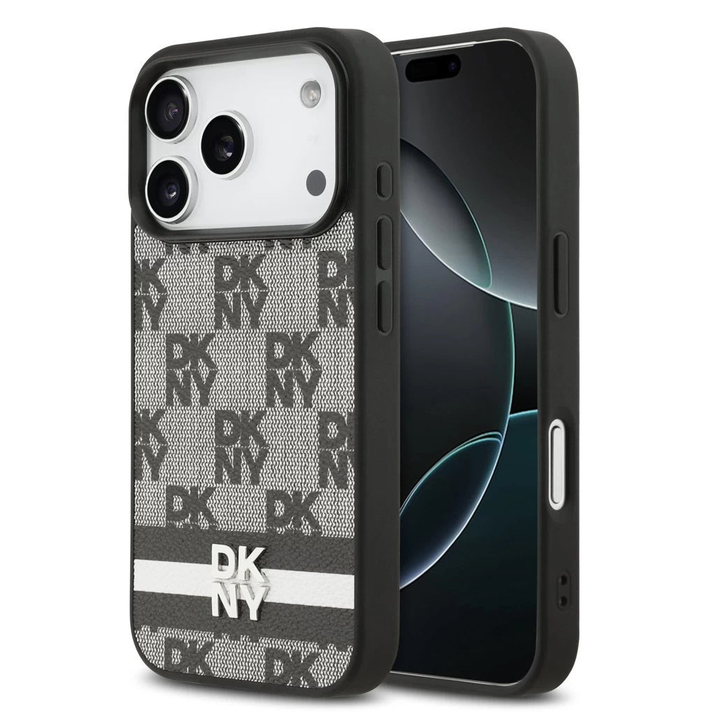 DKNY PU Leather Checkered Pattern and Stripe tok iPhone 17 Pro készülékhez fekete