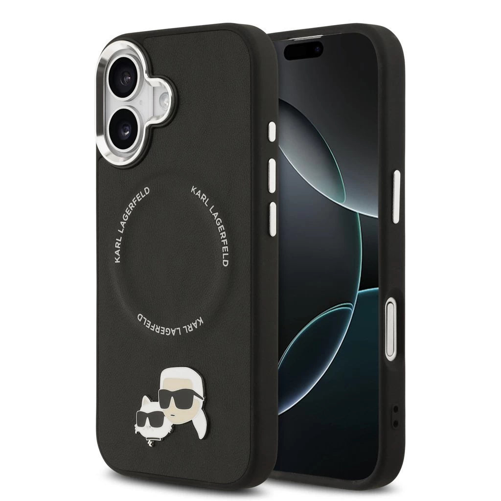 Karl Lagerfeld PU Karl and Choupette Heads Pins MagSafe tok iPhone 17 készülékhez fekete