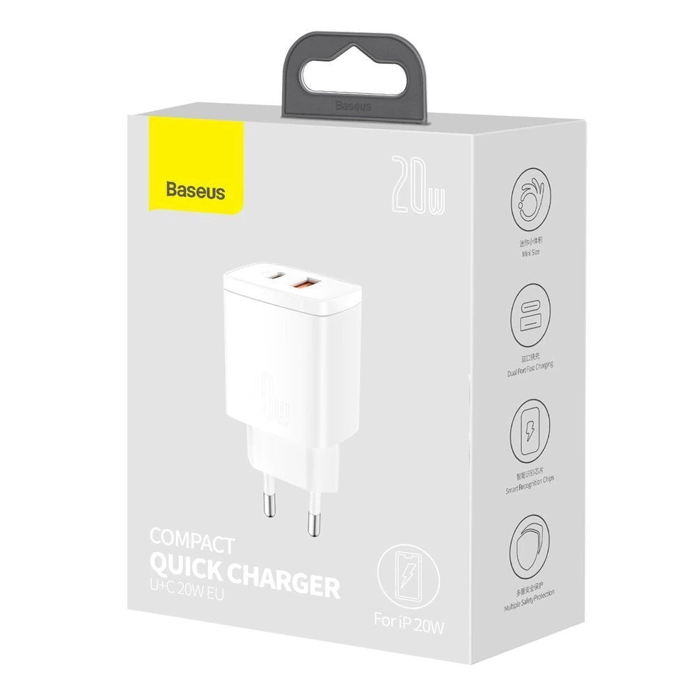 Hálózati töltő adapter, 20W, USB aljzat, USB Type-C aljzat, gyorstöltés, PD, QC 3.0, Baseus CCXJ-B02, fehér – Adapter a Baseus kínálatából | Domshop