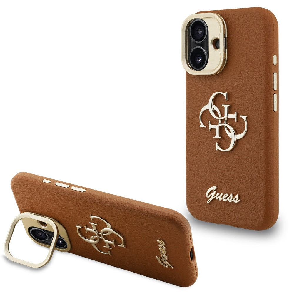 Guess PU Grained 4G Logo Stand Camera Frame iPhone 16 hátlap tok kitámasztóval, barna – iPhone 16 tok a Guess kínálatából | Domshop