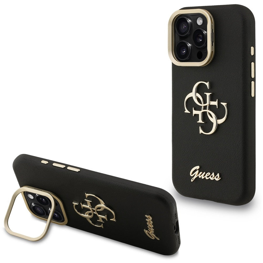 Guess PU Grained 4G Logo Stand Camera Frame iPhone 15 Pro hátlap tok kitámasztóval, fekete