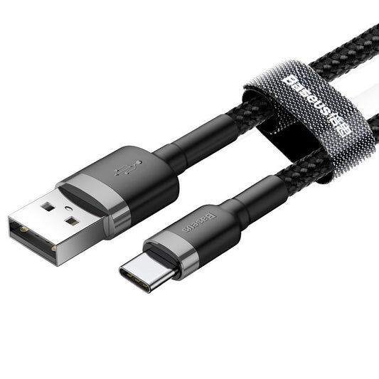 USB töltő- és adatkábel, USB Type-C, 200 cm, 2000 mA, törésgátlóval, gyorstöltés, cipőfűző minta, Baseus Cafule CATKLF-CG1, fekete/szürke – USB-C kábel a Baseus kínálatából | Domshop