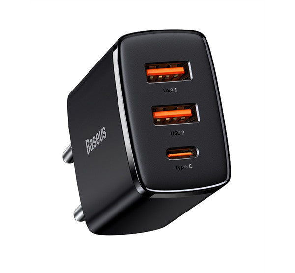 Baseus Compact gyorstöltő adapter 30W USB-C + 2XUSB-A, fekete – a Baseus kínálatából | Domshop