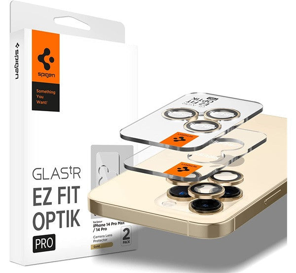 Spigen "tR EZ Fit Optik Pro" Apple iPhone 14 Pro/14 Pro Max Tempered kameravédő fólia felhelyező kerettel, Arany (2db) – a Spigen kínálatából | Domshop