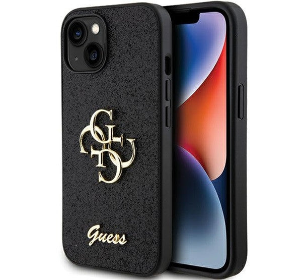 Guess Glitter Script Big 4G Apple iPhone 15 hátlap tok, fekete – a Guess kínálatából | Domshop