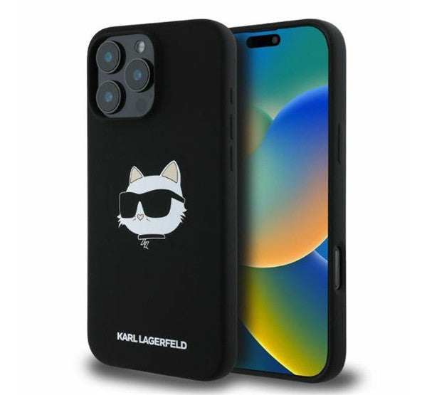 Karl Lagerfeld Silicone Choupette Head Print Apple iPhone 16 Pro Max Magsafe kompatibilis hátlap tok, fekete