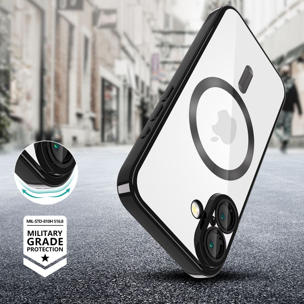 Apple iPhone 16, Műanyag hátlap védőtok + szilikon keret, közepesen ütésálló, Magsafe töltővel kompatibilis, fényes keret, Magflex Magsafe, átlátszó/fekete - iPhone 16 tok a Domshop kínálatából