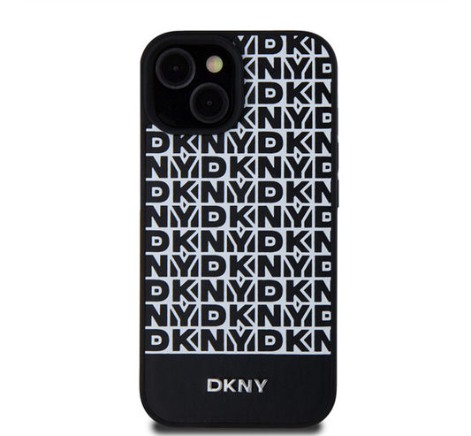 DKNY PU Leather Repeat Pattern Bottom Stripe Apple iPhone 15 Magsafe kompatibilis hátlap tok, fekete - iPhone 15 tok a Domshop kínálatából