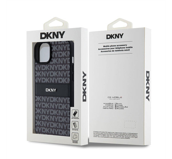 DKNY PU Leather Repeat Pattern Tonal Stripe Apple iPhone 15 Plus hátlap tok, fekete - iPhone 15 Plus tok a Domshop kínálatából
