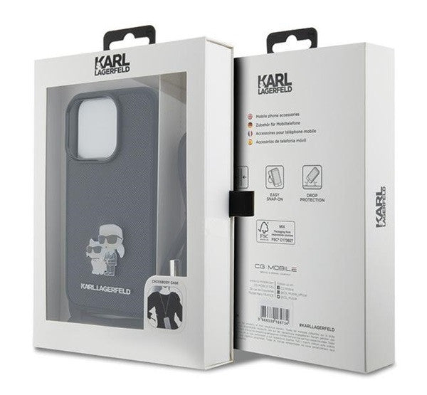 Karl Lagerfeld Crossbody Saffiano Metal Pin Karl & Choupette Apple iPhone 15 Pro hátlap tok, fekete - iPhone 15 Pro tok a Domshop kínálatából