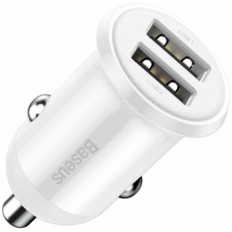 Autós töltő, Szivargyújtós töltő, 24W, 2 x USB aljzat, gyorstöltés, Baseus Grain Pro CCALLP-02, fehér – Autós töltő a Baseus kínálatából | Domshop