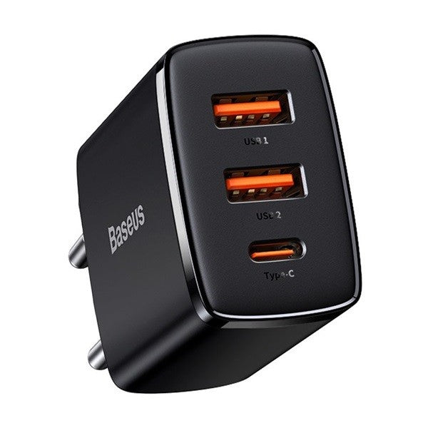 Hálózati töltő adapter, 30W, 2 x USB aljzat, USB Type-C aljzat, gyorstöltés, PD 3.0, QC 3.0, Baseus Compact, fekete – Adapter a Baseus kínálatából | Domshop