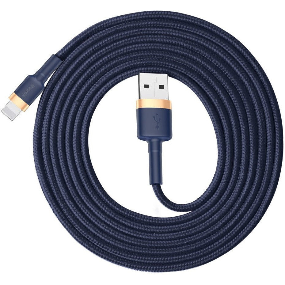 USB töltő- és adatkábel, Lightning, 200 cm, 1500 mA, törésgátló, cipőfűző minta, Baseus Cafule, CALKLF-CV3, sötétkék/arany – Lightning kábel a Baseus kínálatából | Domshop