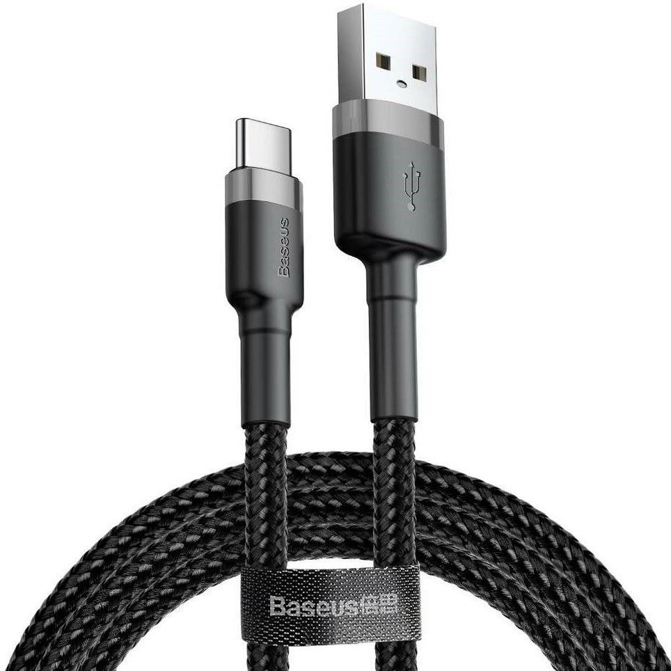 USB töltő- és adatkábel, USB Type-C, 100 cm, 3000 mA, törésgátlóval, gyorstöltés, cipőfűző minta, Baseus Cafule, CATKLF-BG1, fekete/szürke – USB-C kábel a Baseus kínálatából | Domshop
