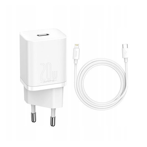 Hálózati töltő adapter, 20W, USB Type-C aljzat, USB Type-C - Lightning kábellel, gyorstöltés, PD, Baseus Si, fehér – Adapter a Baseus kínálatából | Domshop