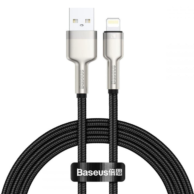 USB töltő- és adatkábel, Lightning, 50 cm, 2400 mA, törésgátlóval, gyorstöltés, cipőfűző minta, Baseus Cafule Metal, CALJK-01, fekete – Lightning kábel a Baseus kínálatából | Domshop