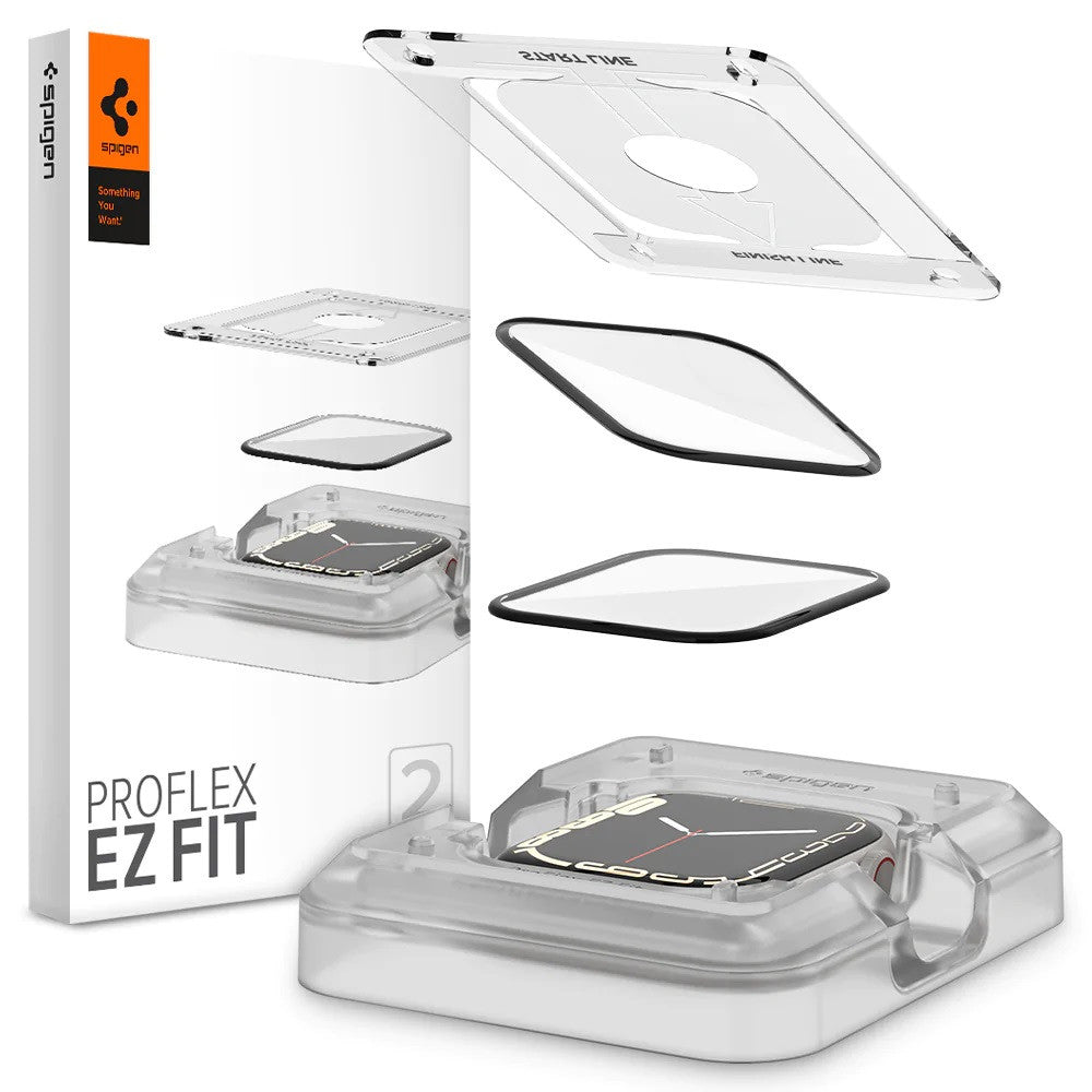Apple Watch 7 (45mm), Kijelzővédő fólia, ütésálló fólia (az íves részre is!), Tempered Glass (edzett üveg), Spigen Pro Ez Fit, fekete, 2 db / csomag – Apple Watch Fóliák a Spigen kínálatából | Domshop