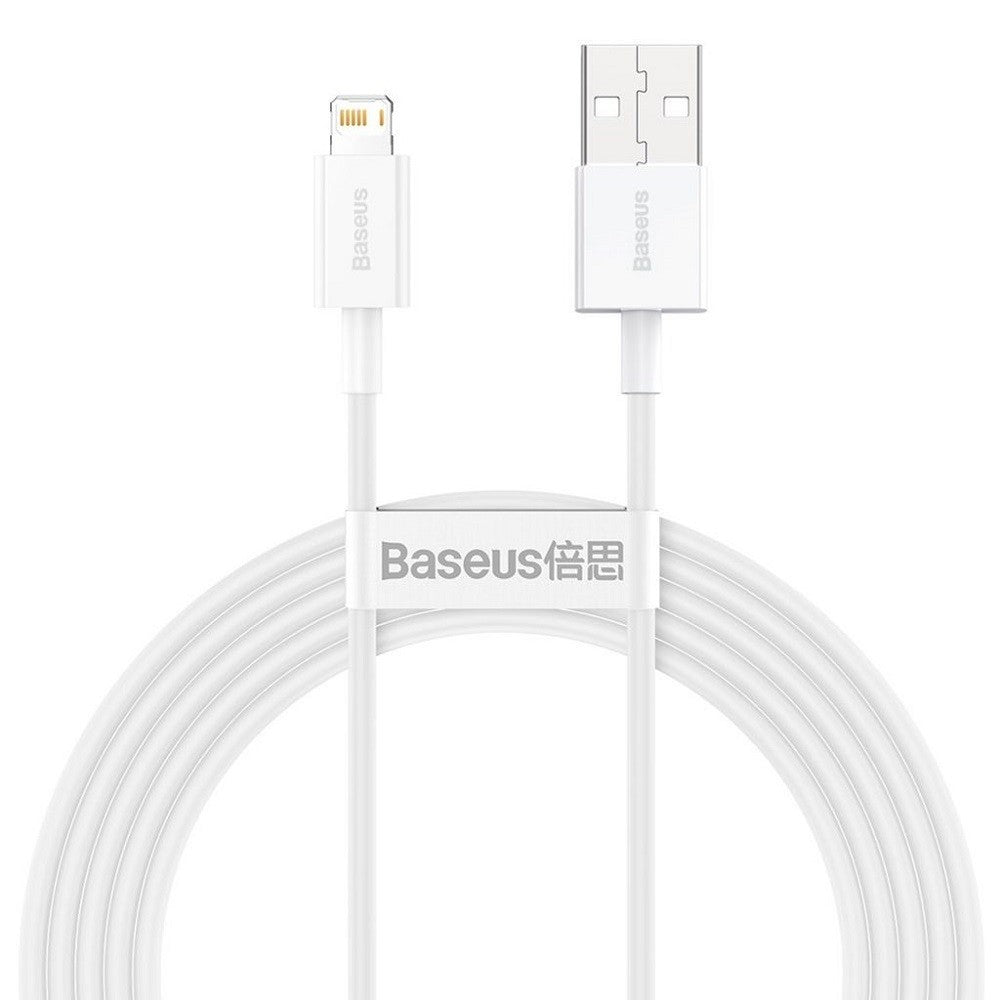 USB töltő- és adatkábel, Lightning, 200 cm, 2400 mA, törésgátlóval, gyorstöltés, PD, Baseus Superior, CALYS-C02, fehér – Lightning kábel a Baseus kínálatából | Domshop
