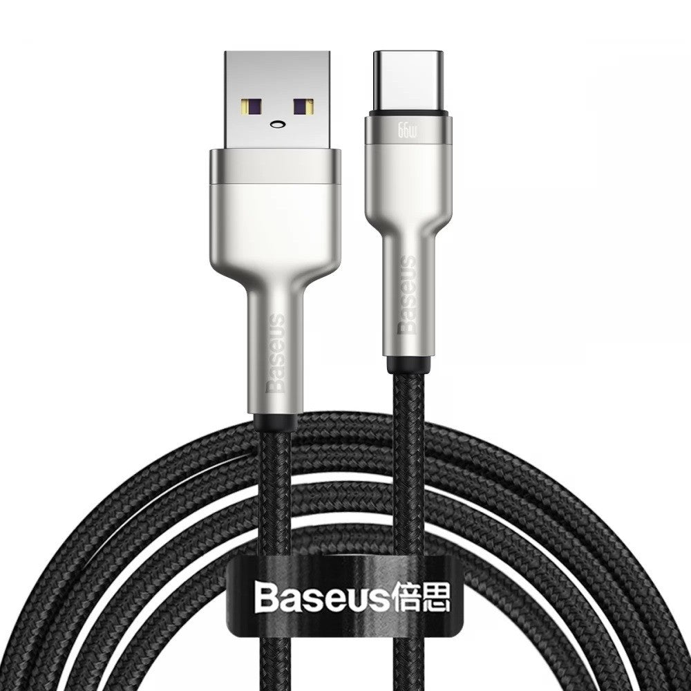 USB töltő- és adatkábel, USB Type-C, 200 cm, 6000 mA, 66W, törésgátlóval, gyorstöltés, cipőfűző minta, Baseus Cafule Metal, CAKF000201, fekete – USB-C kábel a Baseus kínálatából | Domshop