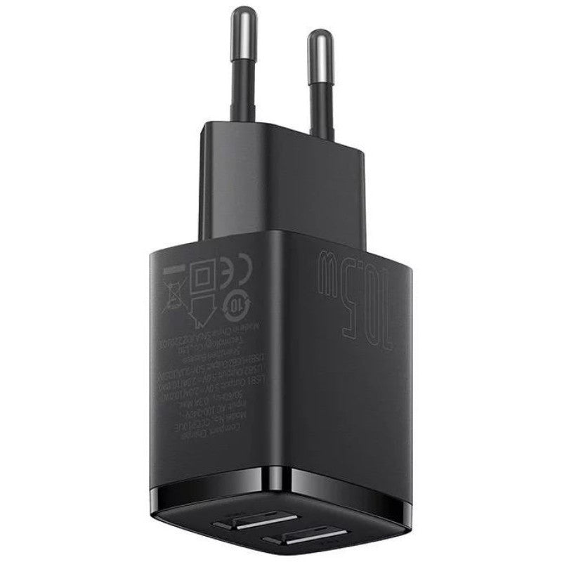 Hálózati töltő adapter, 10.5W, 2 x USB aljzat, gyorstöltés, Baseus Compact, fekete – Adapter a Baseus kínálatából | Domshop
