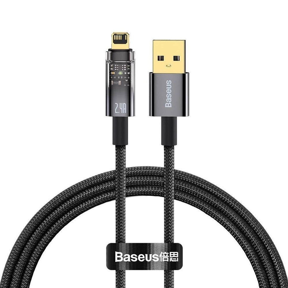 USB töltő- és adatkábel, Lightning, 100 cm, 2400 mA, gyorstöltés, cipőfűző minta, Baseus Explorer, CATS000401, fekete – Lightning kábel a Baseus kínálatából | Domshop
