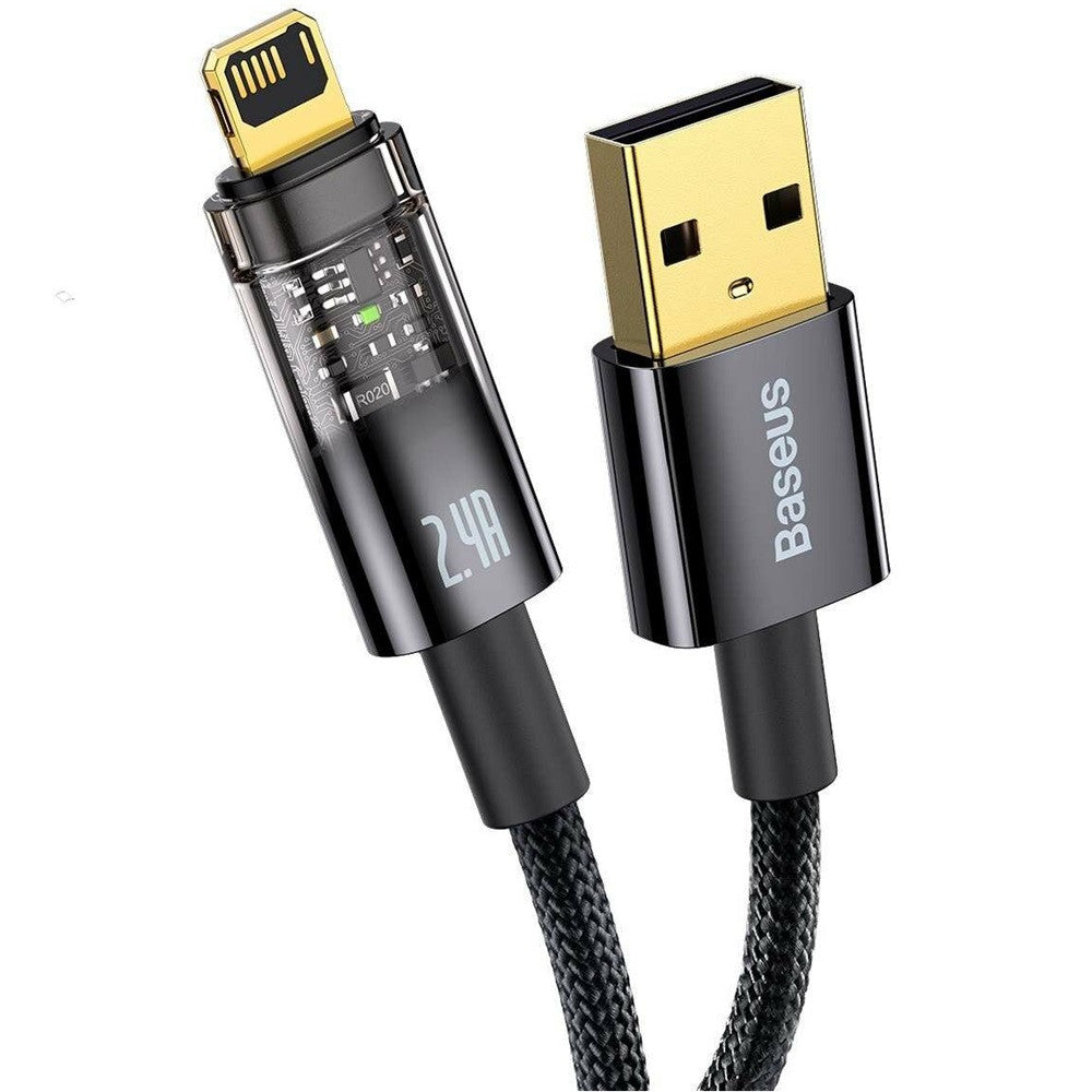 USB töltő- és adatkábel, Lightning, 100 cm, 2400 mA, gyorstöltés, cipőfűző minta, Baseus Explorer, CATS000401, fekete – Lightning kábel a Baseus kínálatából | Domshop