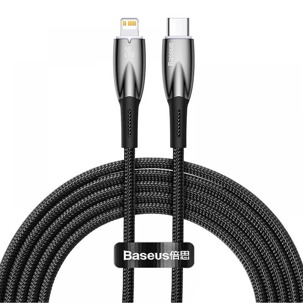 USB Type-C töltő- és adatkábel, Lightning, 200 cm, 2400mA, 20W, törésgátlóval, gyorstöltés, PD, Baseus Glimmer, CADH000101, fekete – Lightning kábel a Baseus kínálatából | Domshop