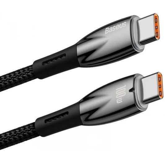 USB Type-C töltő- és adatkábel, USB Type-C, 200 cm, 5000 mA, 100W, törésgátlóval, gyorstöltés, PD, Baseus Glimmer, CADH000801, fekete – USB-C kábel a Baseus kínálatából | Domshop