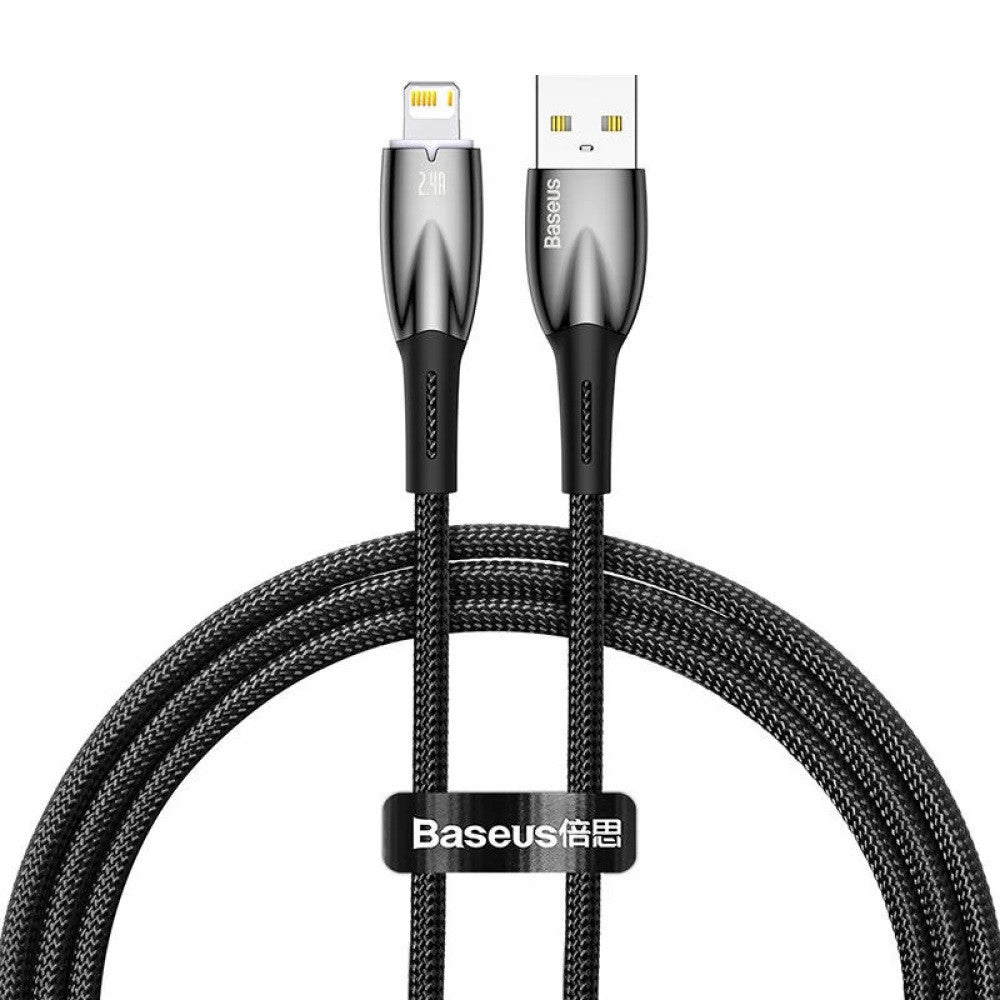 USB töltő- és adatkábel, Lightning, 100 cm, 2400 mA, törésgátlóval, gyorstöltés, Baseus Glimmer, CADH000201, fekete – Lightning kábel a Baseus kínálatából | Domshop