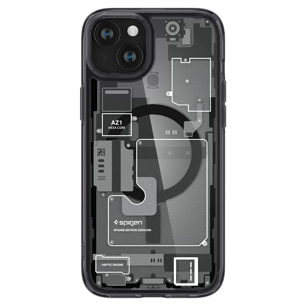 Apple iPhone 15 Plus, Műanyag hátlap védőtok + szilikon keret, Magsafe töltővel kompatibilis, iPhone belső minta, Spigen Ultra Hybrid Zero One Mag, átlátszó/füst – iPhone 15 Plus tok a Spigen kínálatából | Domshop
