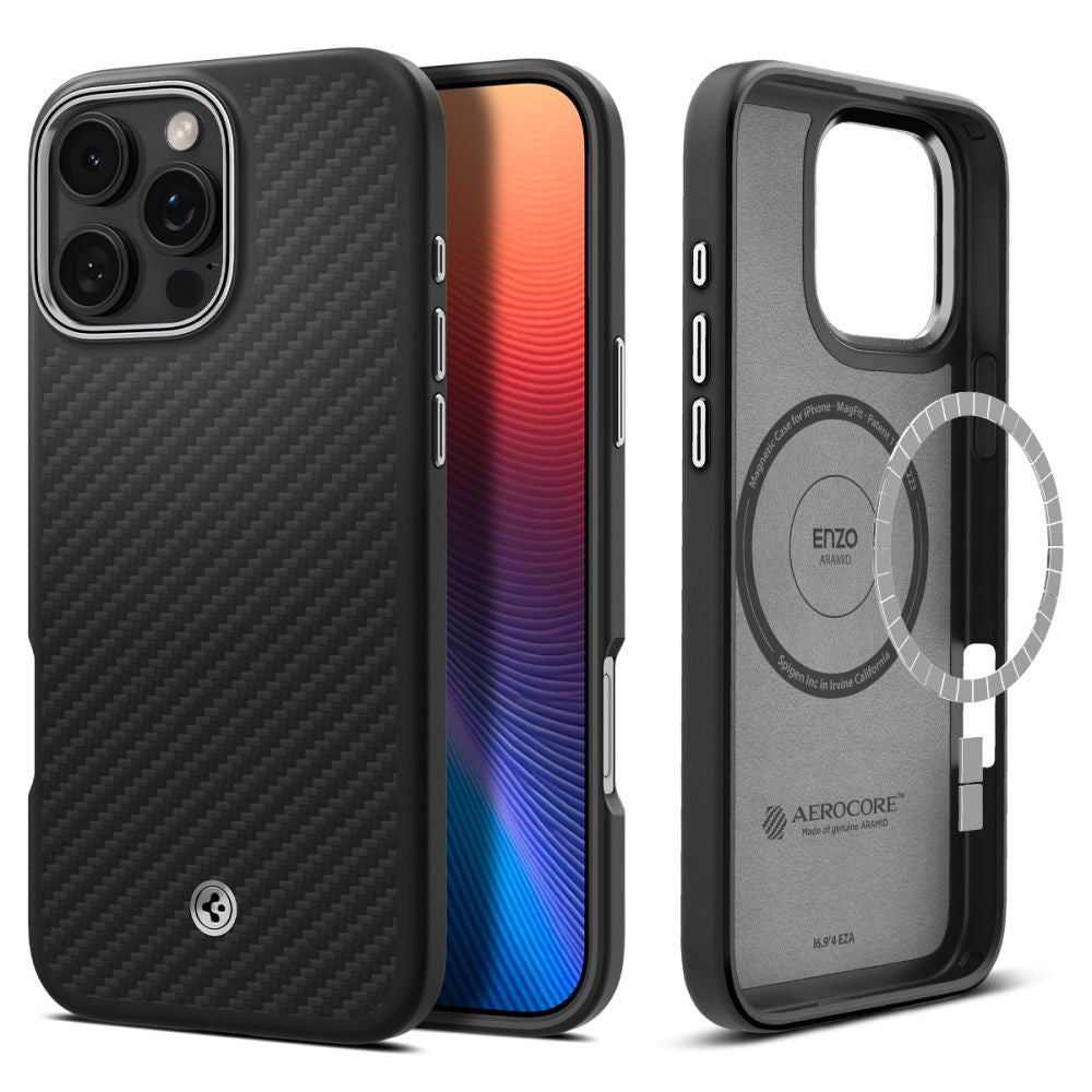 Apple iPhone 16 Pro, Szilikon tok, közepesen ütésálló, aramid szállal, Magsafe töltővel kompatibilis, karbon minta, Spigen Enzo Aramid, fekete/ezüst – iPhone 16 Pro tok a Spigen kínálatából | Domshop