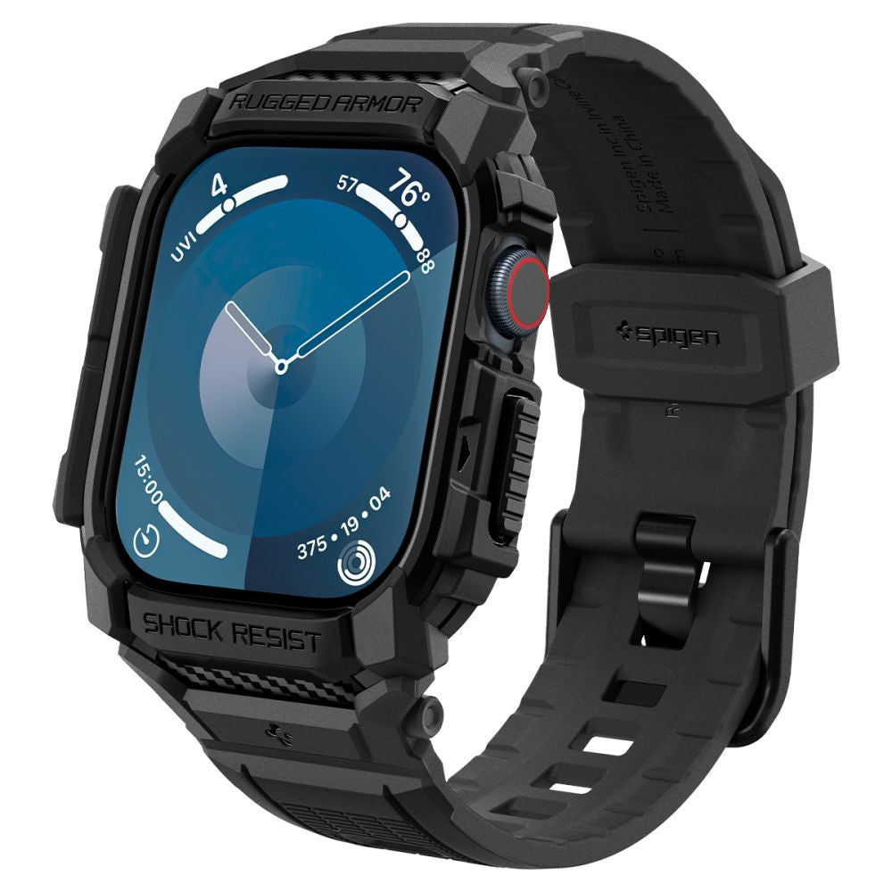 Apple Watch 10 (42 mm), Szilikon védőkeret, ütésálló, szíjjal, Spigen Rugged Armor Pro, fekete – Apple Watch Szilikon Szíjak a Spigen kínálatából | Domshop