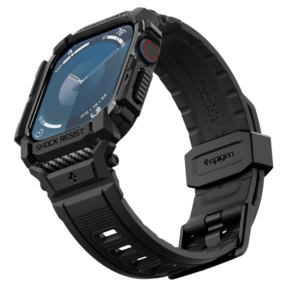 Apple Watch 10 (42 mm), Szilikon védőkeret, ütésálló, szíjjal, Spigen Rugged Armor Pro, fekete – Apple Watch Szilikon Szíjak a Spigen kínálatából | Domshop