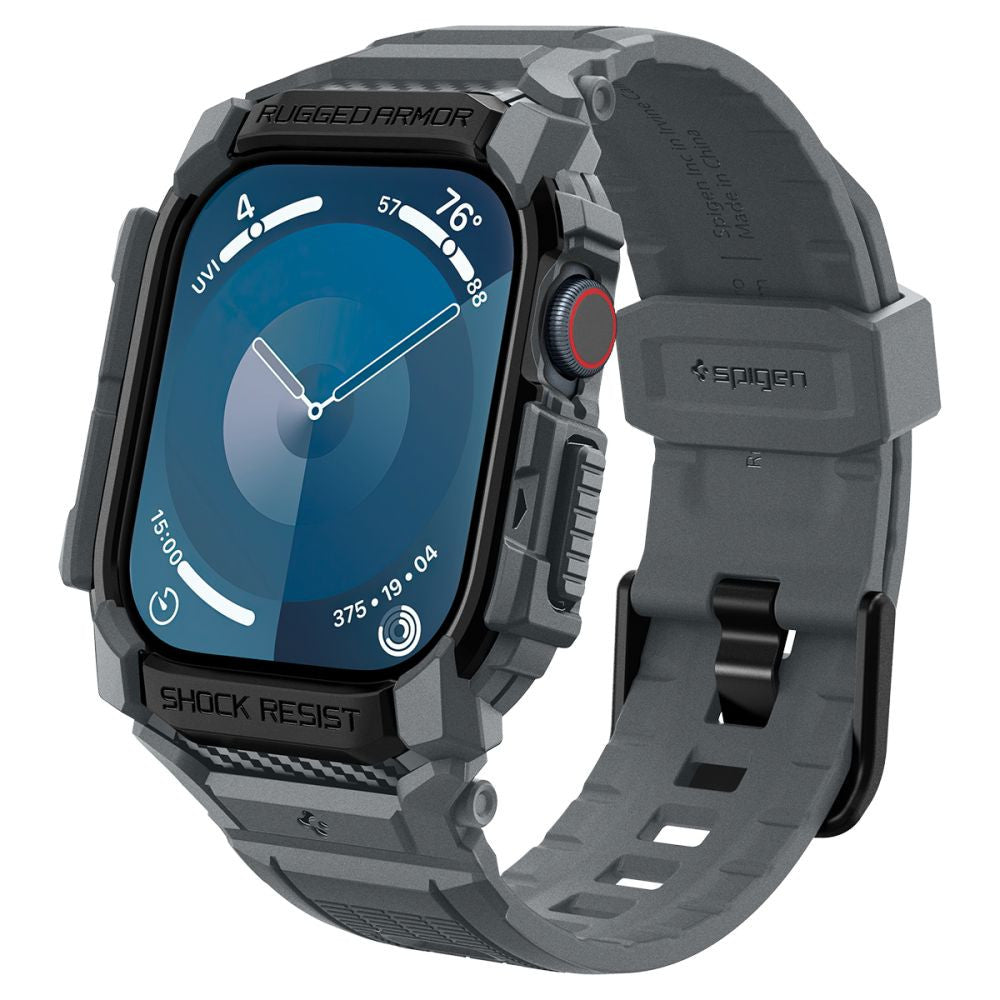 Apple Watch 10 (46 mm), Szilikon védőkeret, ütésálló, szíjjal, Spigen Rugged Armor Pro, sötétszürke – Apple Watch Szilikon Szíjak a Spigen kínálatából | Domshop