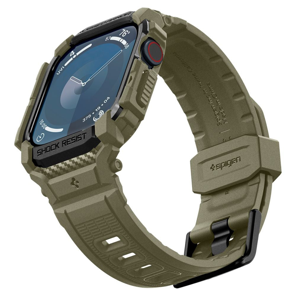 Apple Watch 10 (46 mm), Szilikon védőkeret, ütésálló, szíjjal, Spigen Rugged Armor Pro, sötétzöld – Apple Watch Szilikon Szíjak a Spigen kínálatából | Domshop
