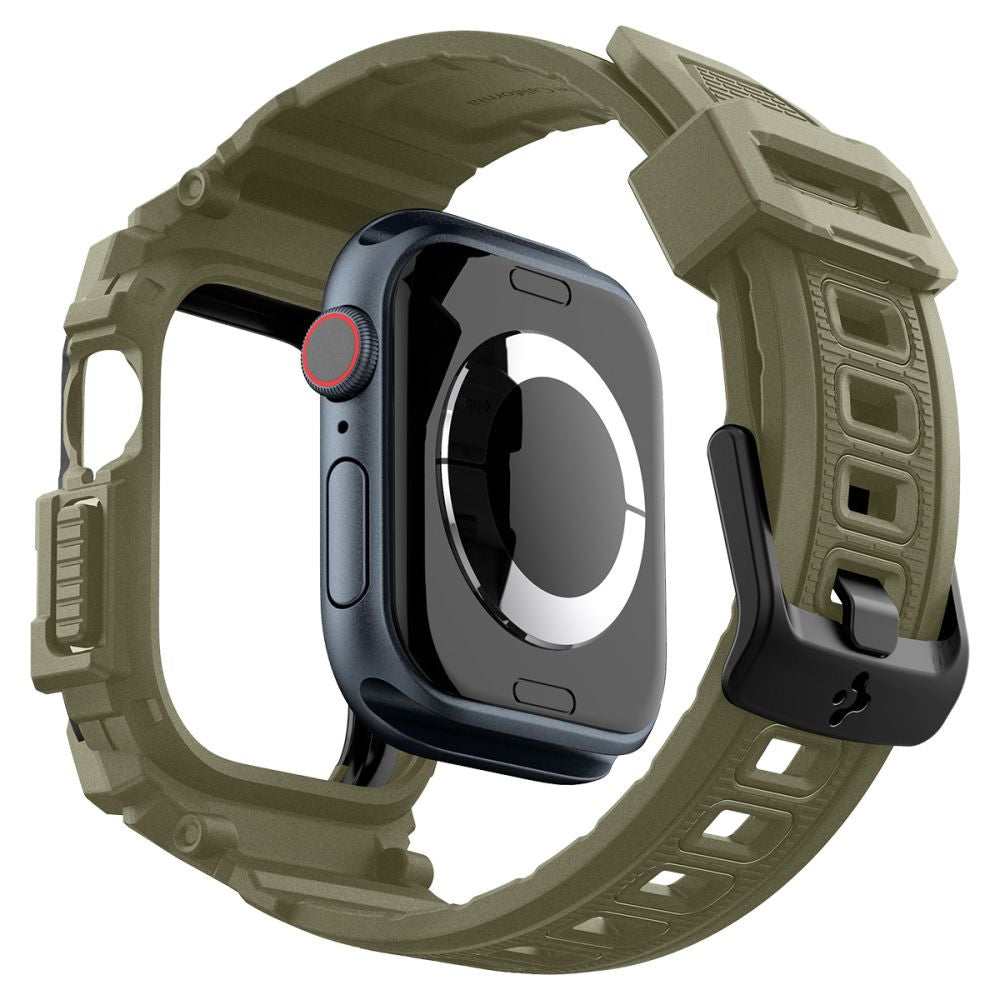 Apple Watch 10-11 (46 mm), Szilikon védőkeret, ütésálló, szíjjal, Spigen Rugged Armor Pro, sötétzöld
