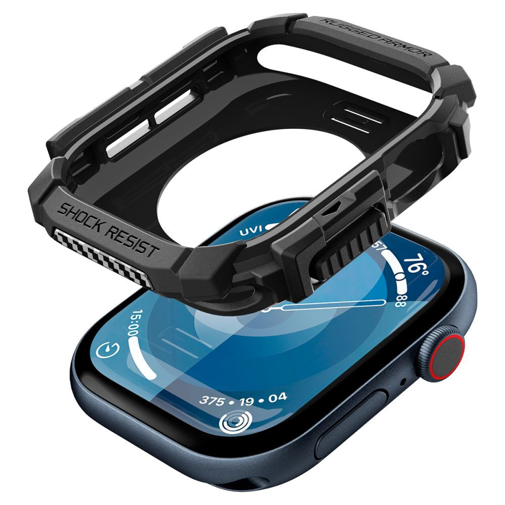 Apple Watch 10 (42 mm), Szilikon védőkeret, ütésálló, szíj nélkül, Spigen Rugged Armor, fekete – Apple Watch Tokok a Spigen kínálatából | Domshop