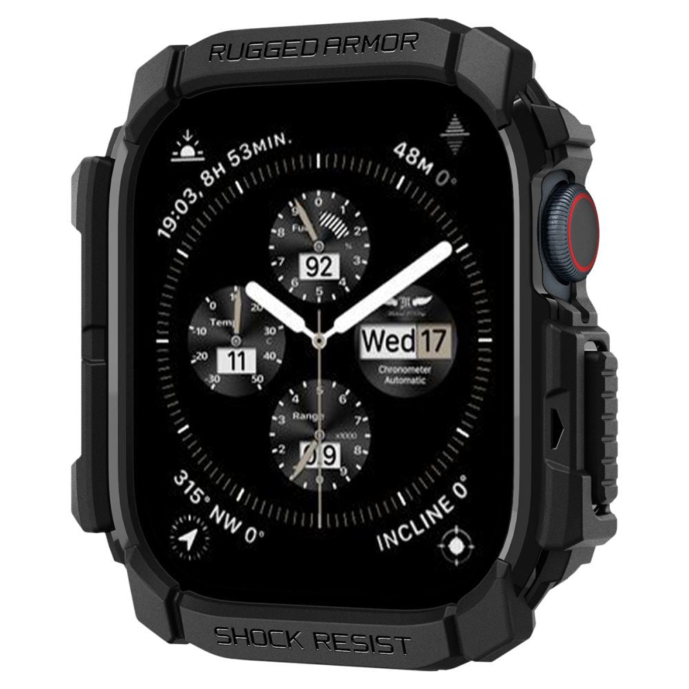 Apple Watch 10 (42 mm), Szilikon védőkeret, ütésálló, szíj nélkül, Spigen Rugged Armor, fekete – Apple Watch Tokok a Spigen kínálatából | Domshop