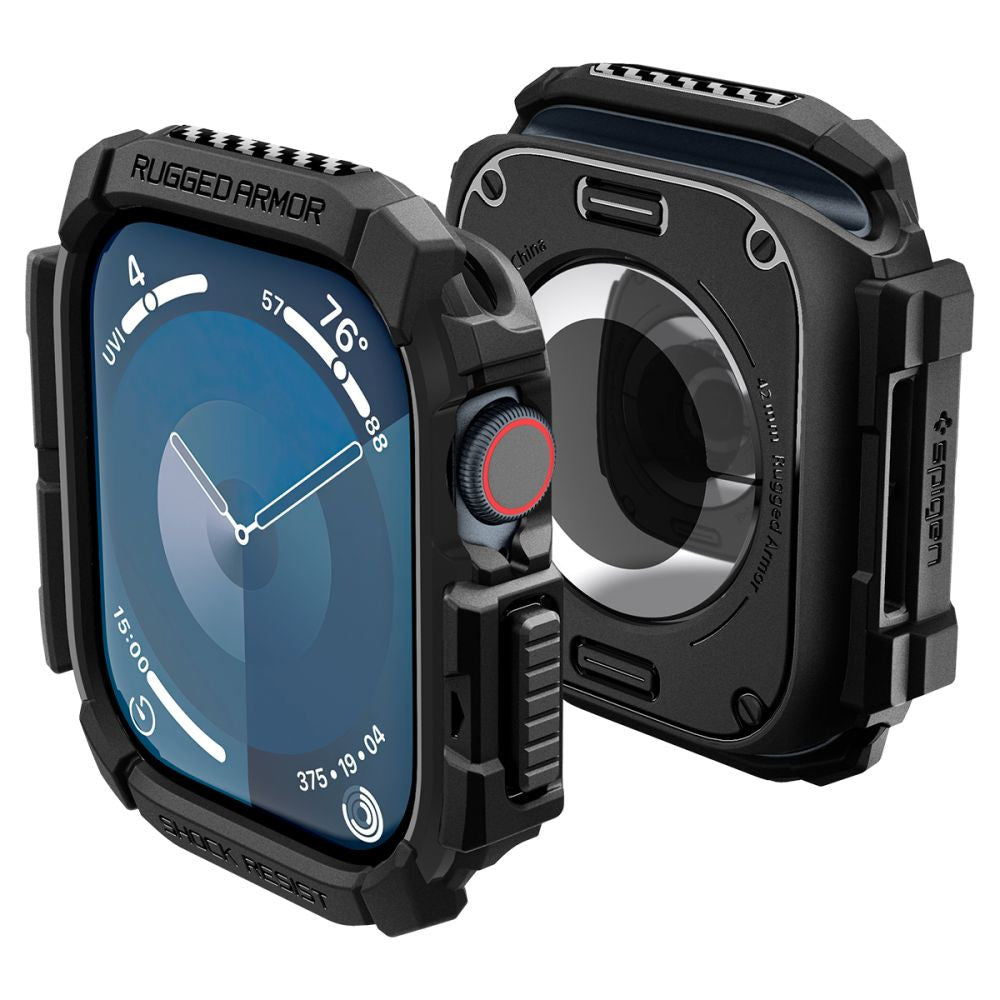 Apple Watch 10 (42 mm), Szilikon védőkeret, ütésálló, szíj nélkül, Spigen Rugged Armor, fekete – Apple Watch Tokok a Spigen kínálatából | Domshop