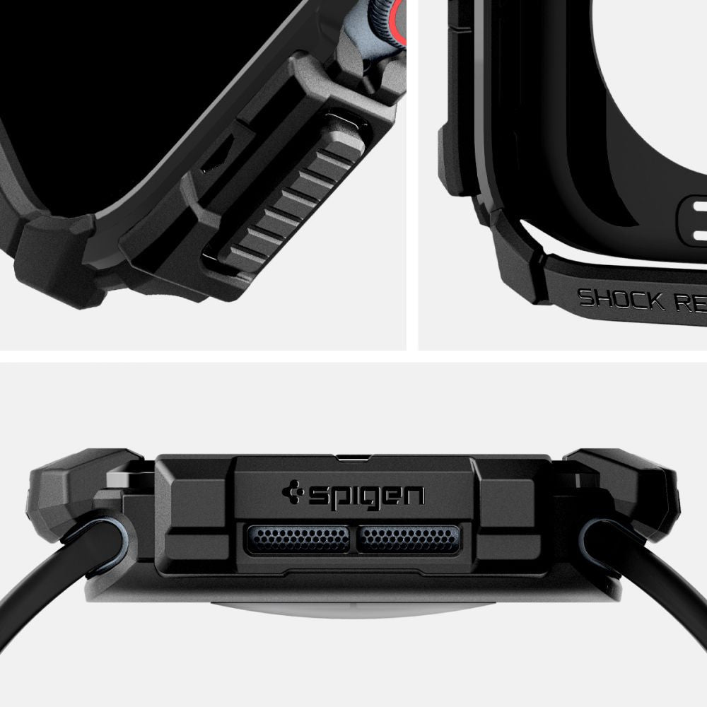 Apple Watch 10 (42 mm), Szilikon védőkeret, ütésálló, szíj nélkül, Spigen Rugged Armor, fekete – Apple Watch Tokok a Spigen kínálatából | Domshop