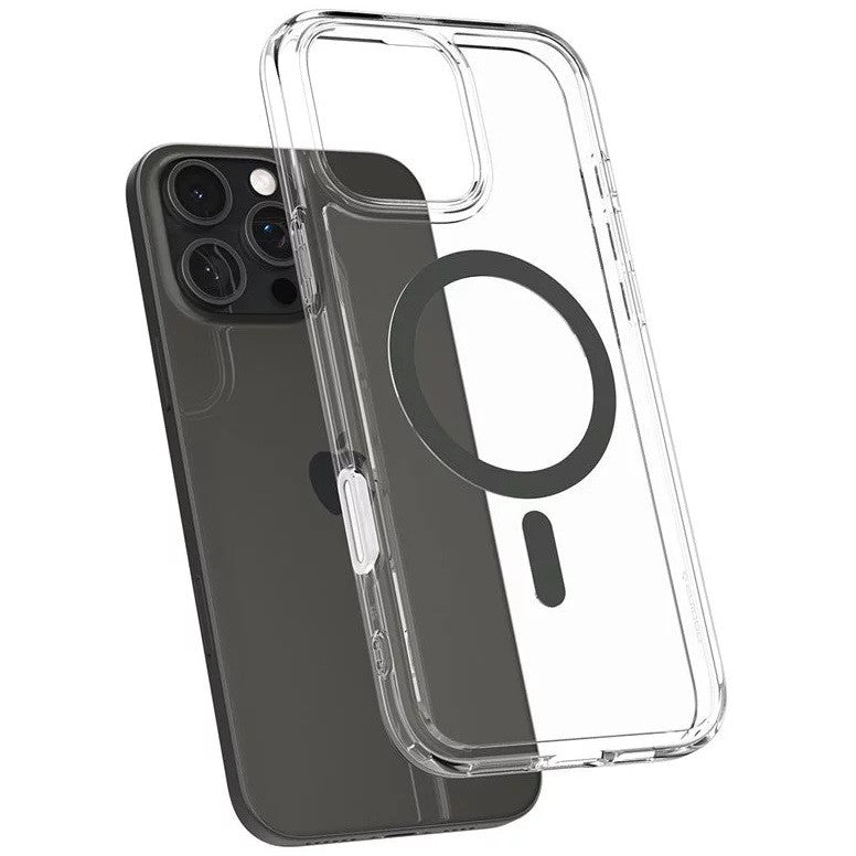 Apple iPhone 16 Pro, Műanyag hátlap védőtok + szilikon keret, Magsafe töltővel kompatibilis, érintő funkciós gombfedéllel, Spigen Ultra Hybrid "T" Mag, átlátszó/szürke