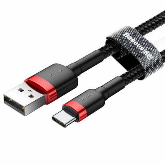 USB töltő- és adatkábel, USB Type-C, 200 cm, 2000 mA, törésgátlóval, gyorstöltés, cipőfűző minta, Baseus Cafule CATKLF-C91, fekete/piros – USB-C kábel a Baseus kínálatából | Domshop