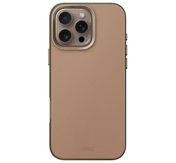 Apple iPhone 16 Pro, Műanyag hátlap védőtok, bőrhatásű hátlap, Magsafe töltővel kompatibilis, Uniq Lyden DS, barna/szürke – iPhone 16 Pro tok a Uniq kínálatából | Domshop