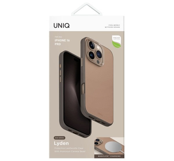 Apple iPhone 16 Pro, Műanyag hátlap védőtok, bőrhatásű hátlap, Magsafe töltővel kompatibilis, Uniq Lyden DS, barna/szürke – iPhone 16 Pro tok a Uniq kínálatából | Domshop