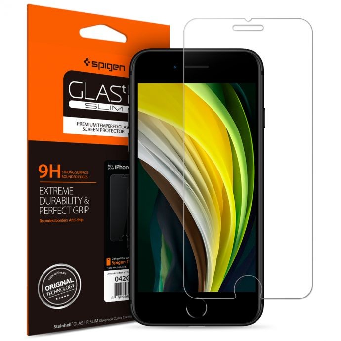 Apple iPhone 7 / 8 / SE (2020) / SE (2022), Kijelzővédő fólia, ütésálló fólia (az íves részre NEM hajlik rá!), Tempered Glass (edzett üveg), tok barát, Spigen Glastr Slim HD, Clear – iPhone 7/8/SE2/SE3 fólia a Spigen kínálatából | Domshop