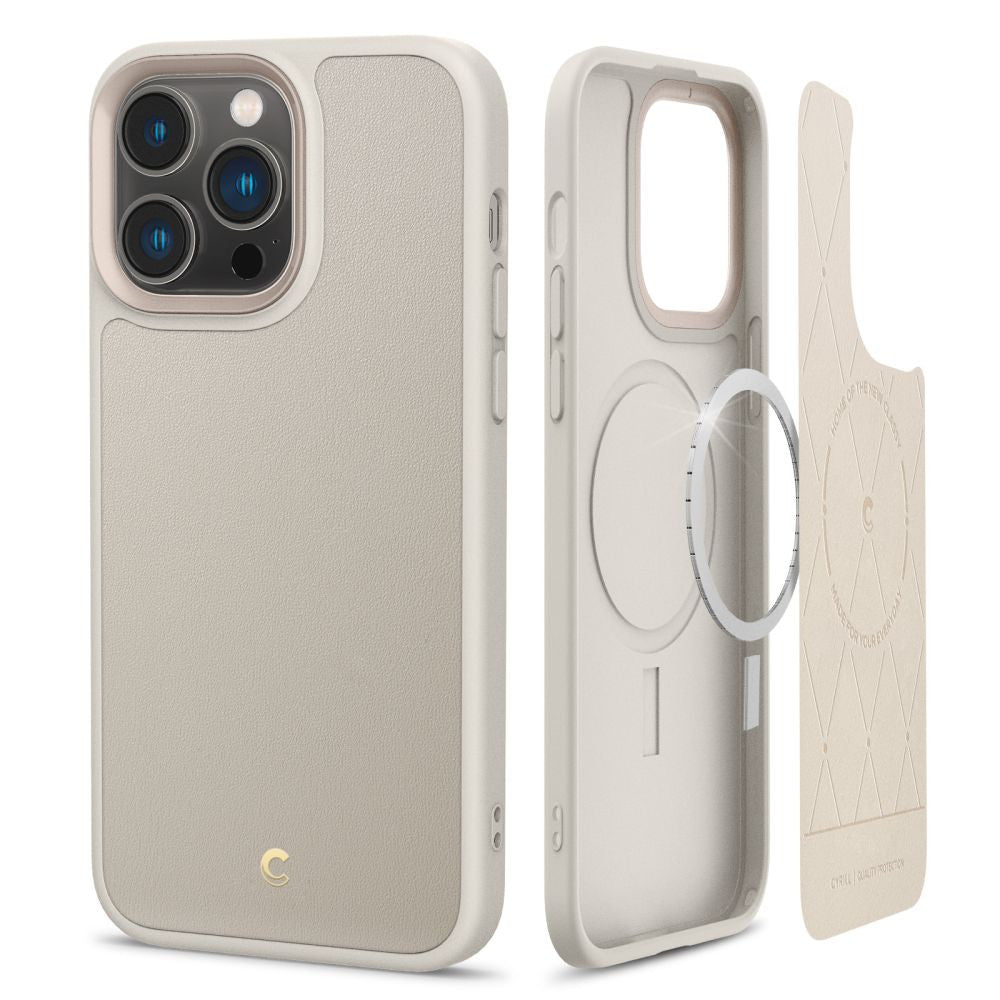 Apple iPhone 14 Pro, Szilikon védőkeret + műanyag hátlap, bőrrel bevont hátlap, Magsafe töltővel kompatibilis, Spigen Ciel Cyrill Kajuk Mag, szürke – iPhone 14 Pro tok a Spigen kínálatából | Domshop